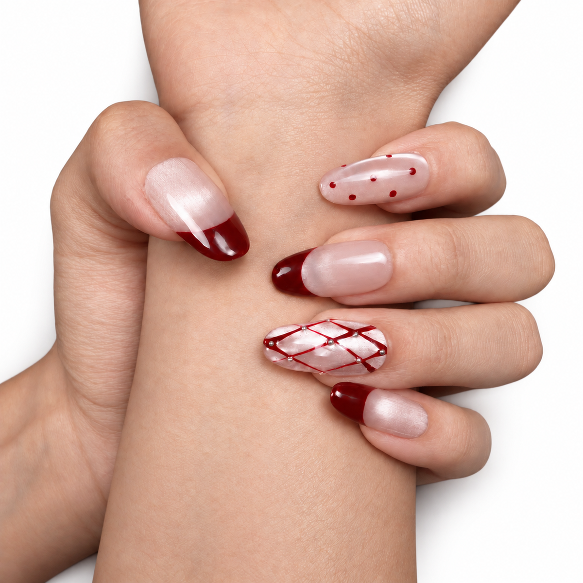 Burgundy Lattice French Medium Oval Press-On Nails - product view 4