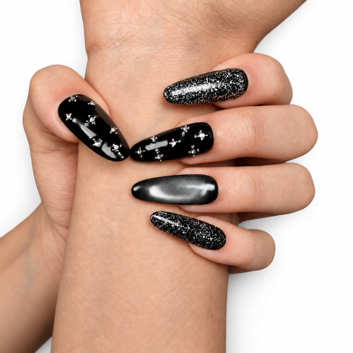 Black Silver Glitter Medium Oval Press-On Nails - product view 4