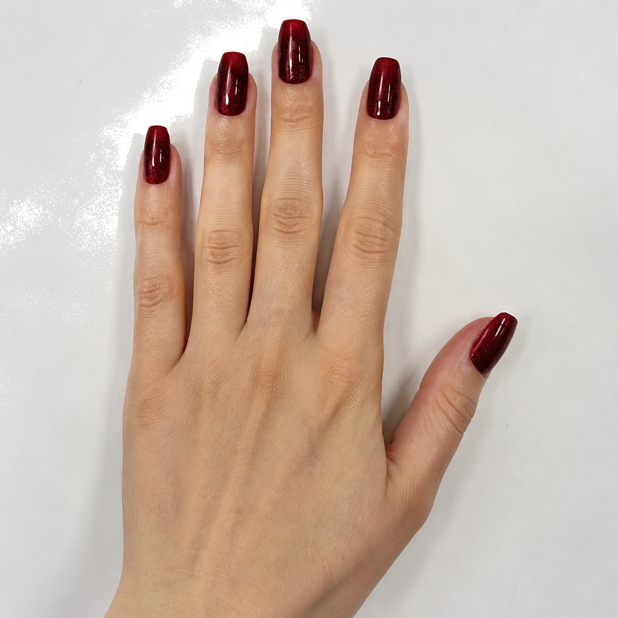 C-002-C Handmade Solid Color Short Almond Press-On Nails - White background two-hand styling view - UB2 BEAUTY
