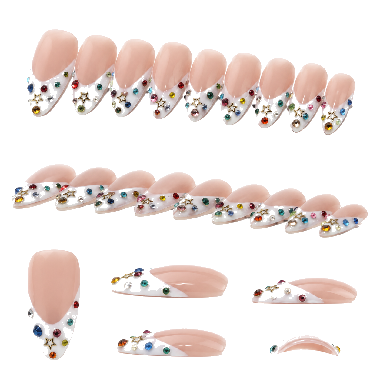 F-001-E Handmade French Medium Almond Press-On Nails - White background front view - UB2 BEAUTY