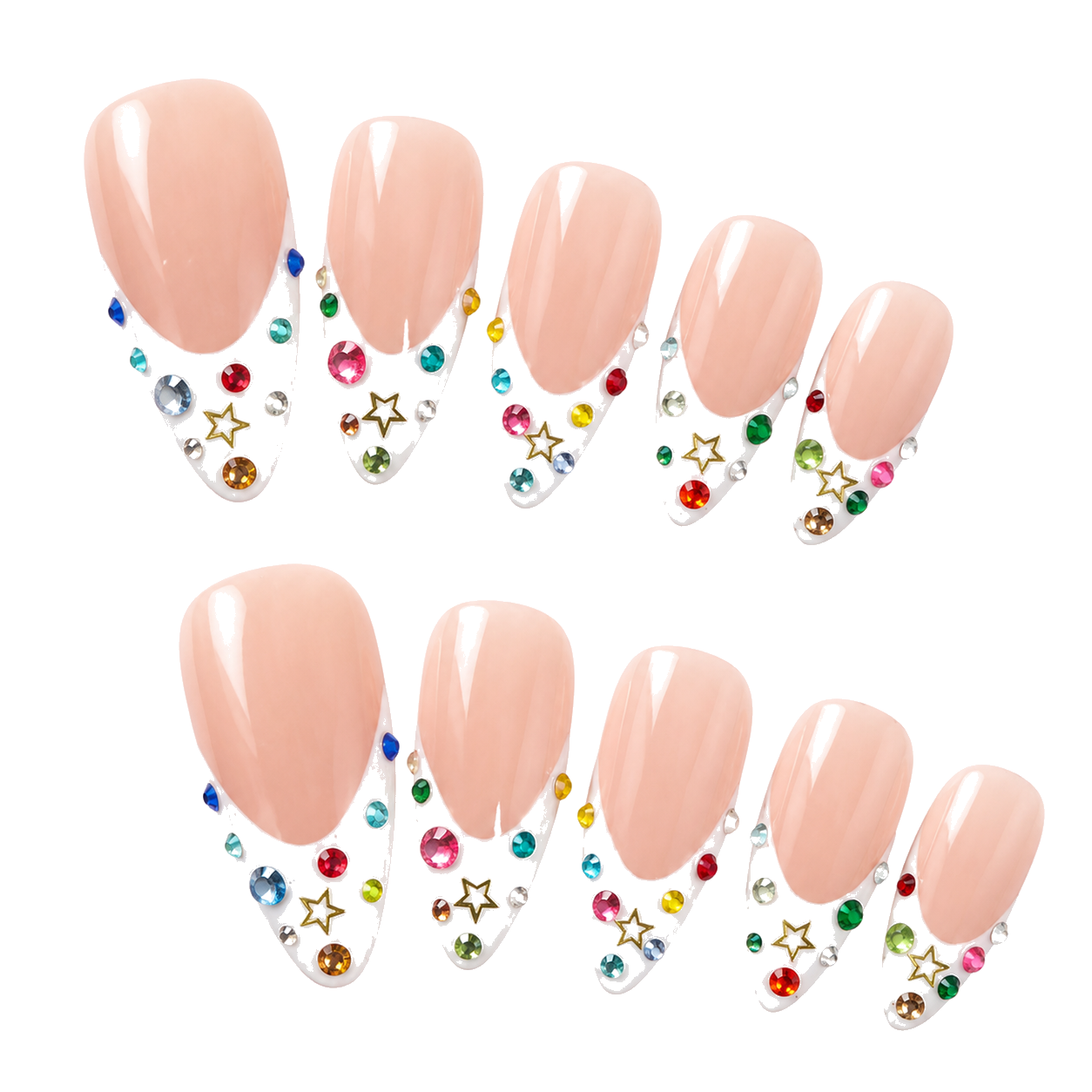 F-001-E Handmade French Medium Almond Press-On Nails - White background two-hand styling view - UB2 BEAUTY