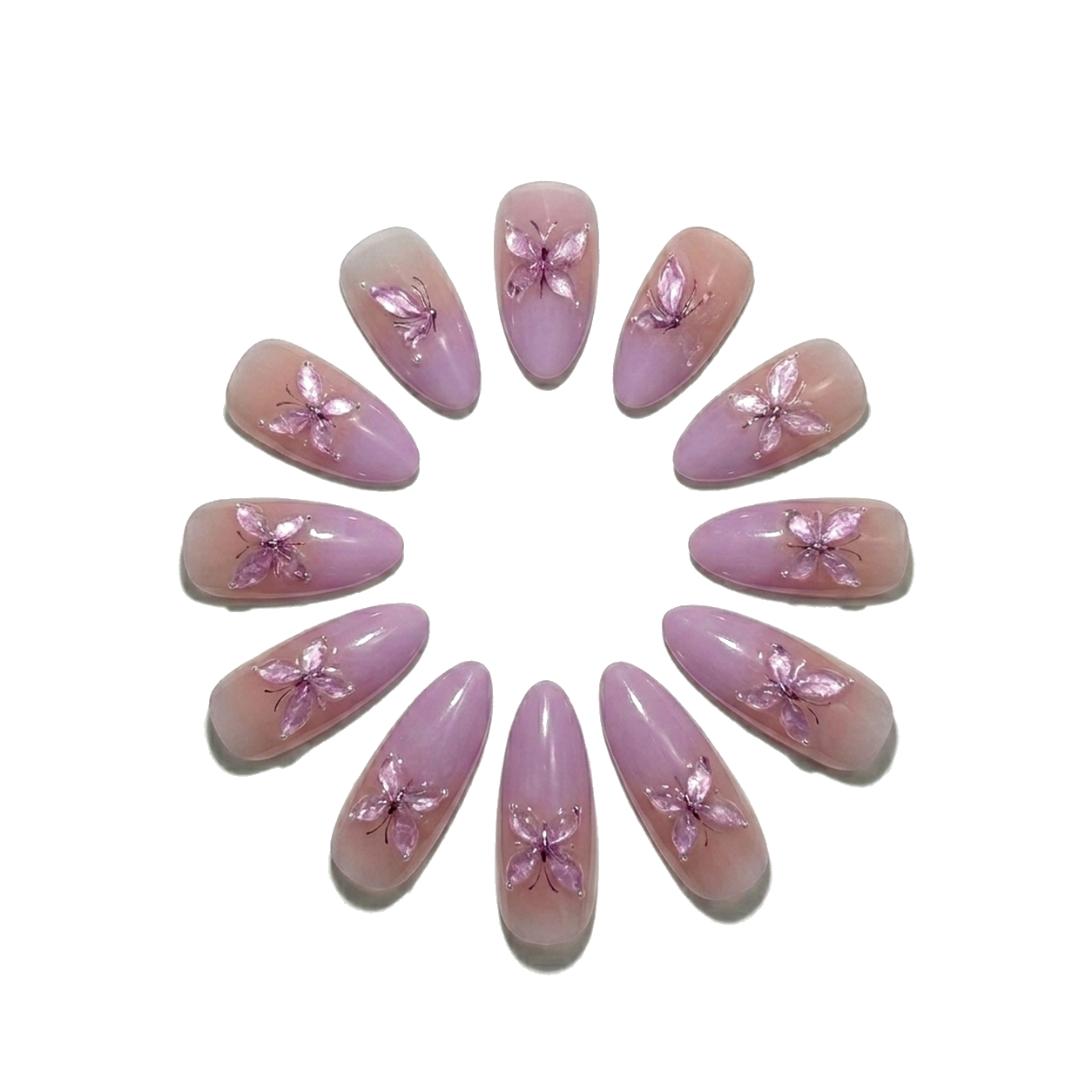H-001-D Handmade Floral Medium Square Press-On Nails - White background hand close-up view - UB2 BEAUTY