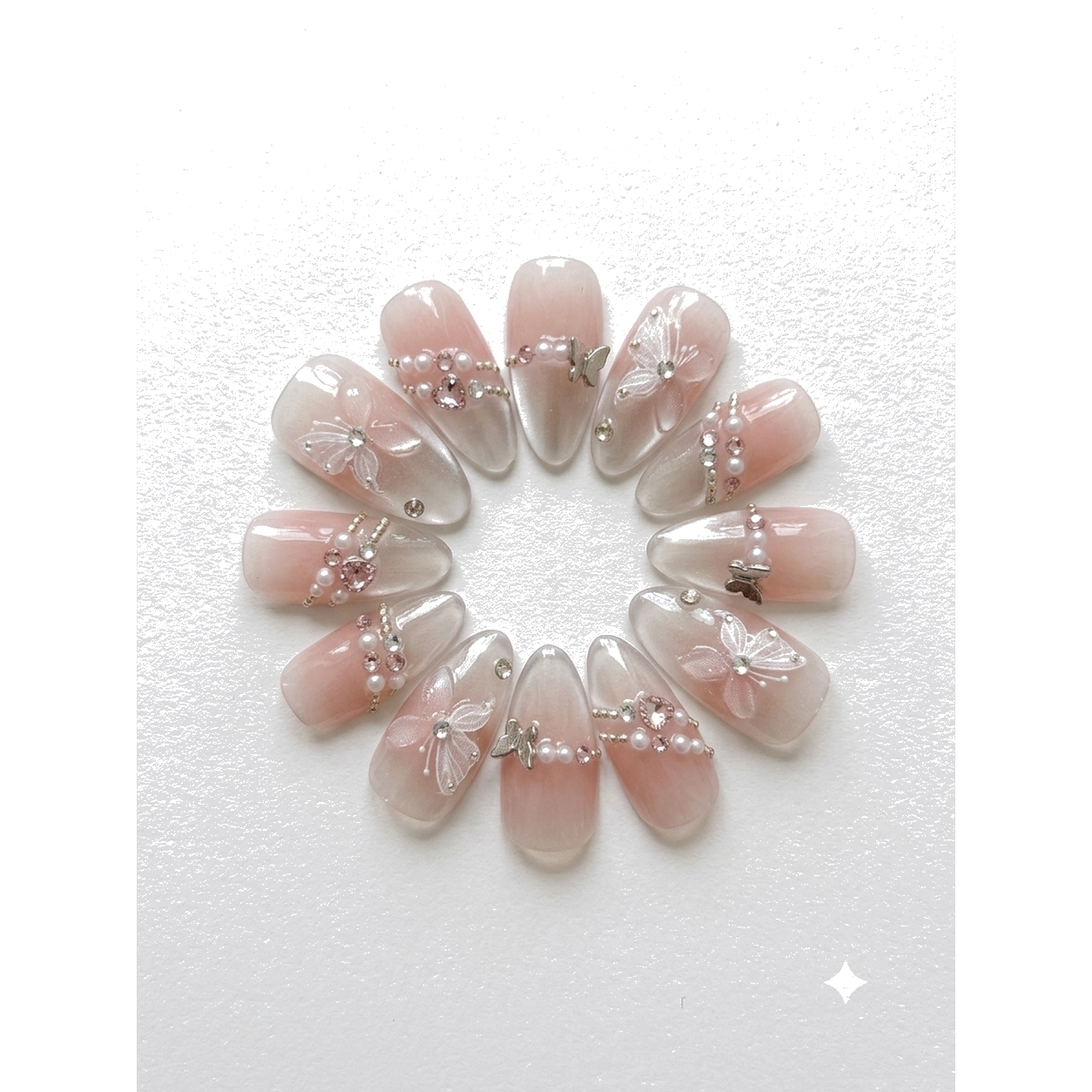 H-002-E Handmade Floral Medium Almond Press-On Nails - White background front view - UB2 BEAUTY