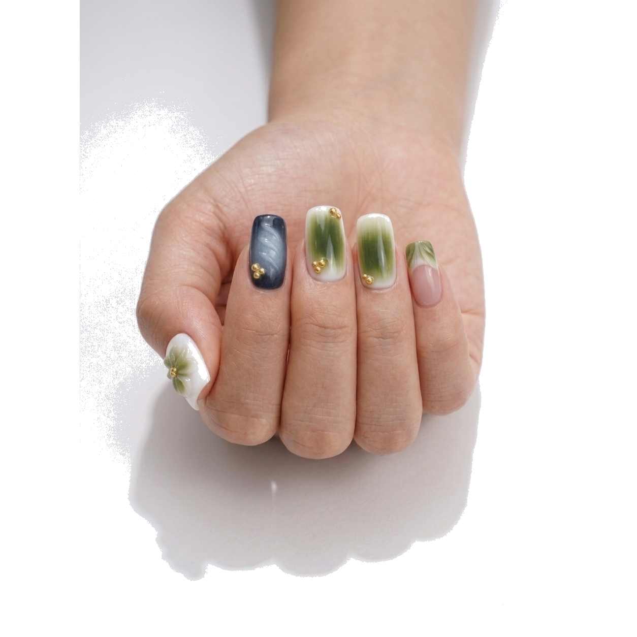 H-003-E Handmade Floral Medium Almond Press-On Nails - White background front view - UB2 BEAUTY