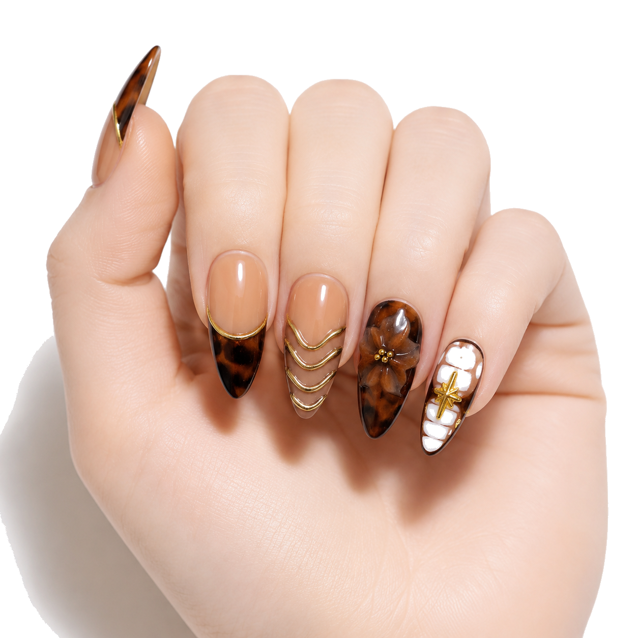 H-004-D Handmade Floral Medium Square Press-On Nails - White background circular layout view - UB2 BEAUTY