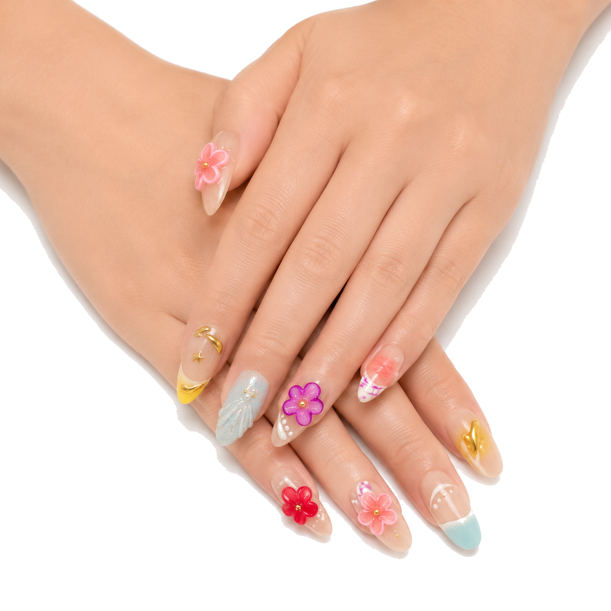 H-005-E Handmade Floral Medium Almond Press-On Nails - White background hand close-up view - UB2 BEAUTY