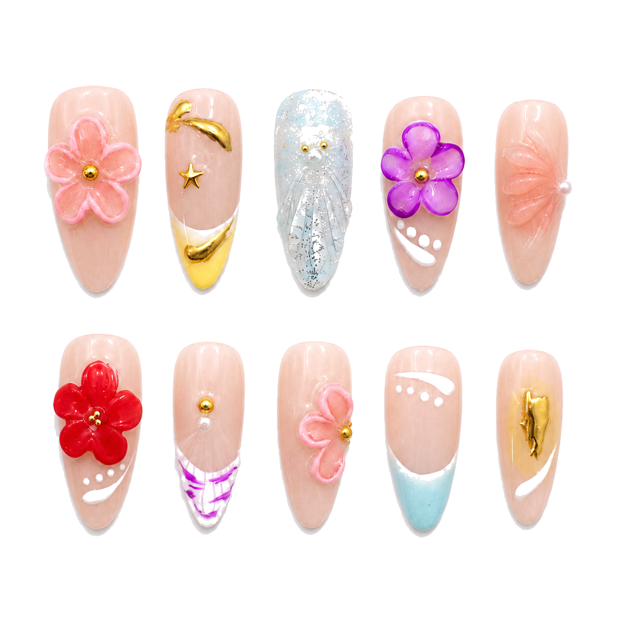 H-005-E Handmade Floral Medium Almond Press-On Nails - White background two-hand styling view - UB2 BEAUTY