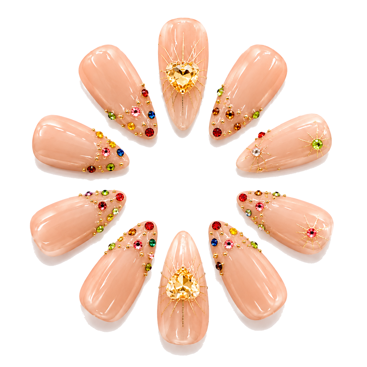 H-006-E Handmade Floral Medium Almond Press-On Nails - White background hand close-up view - UB2 BEAUTY