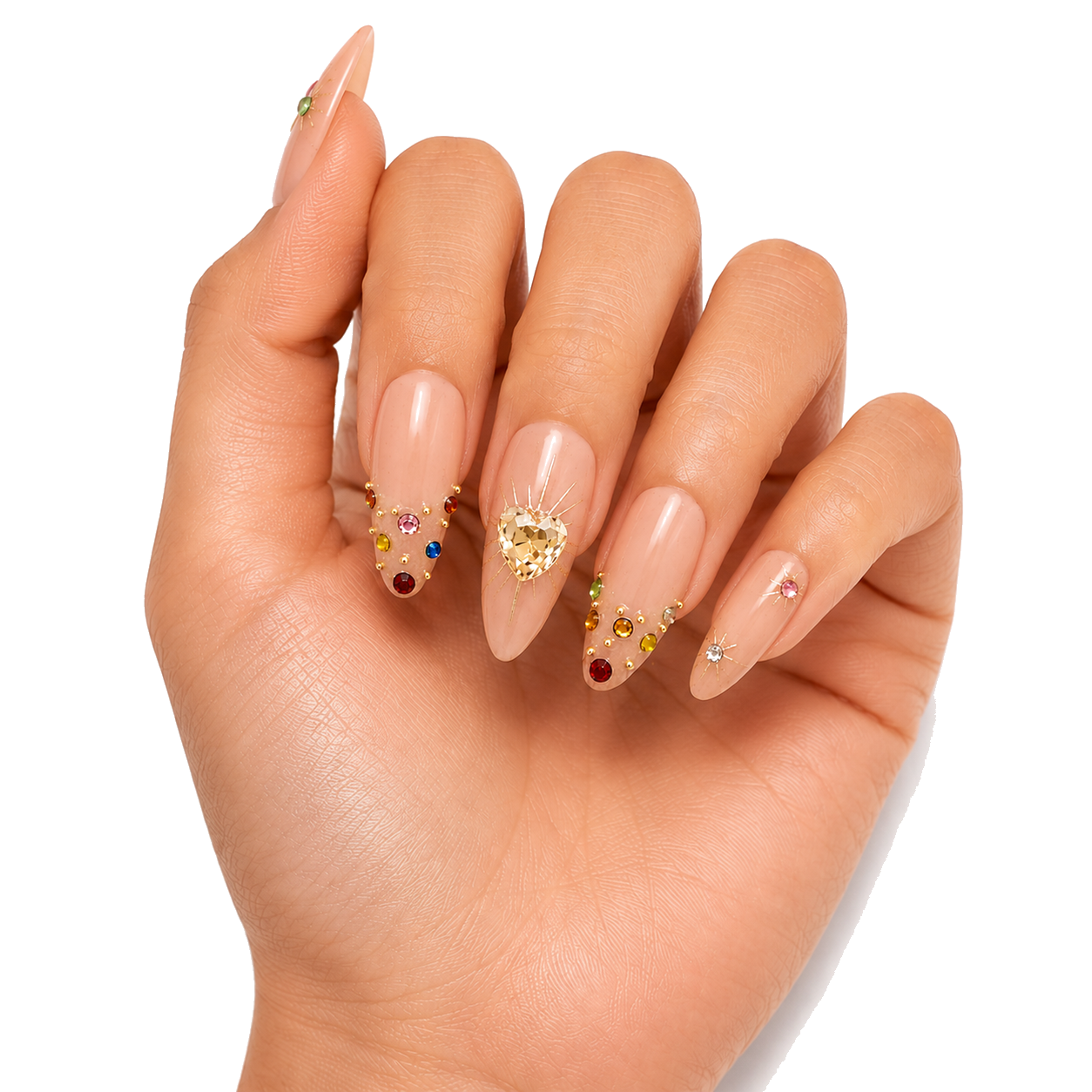 H-006-E Handmade Floral Medium Almond Press-On Nails - White background two-hand styling view - UB2 BEAUTY