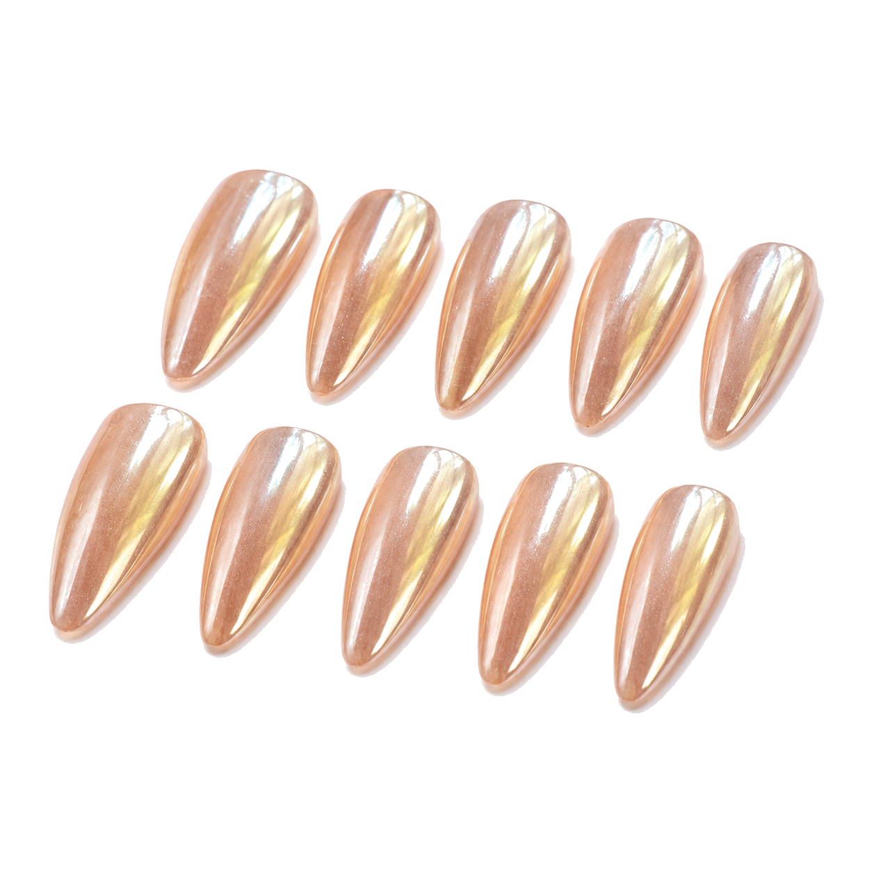 J-002-E Handmade Mirror Medium Almond Press-On Nails - White background 45-degree side view - UB2 BEAUTY