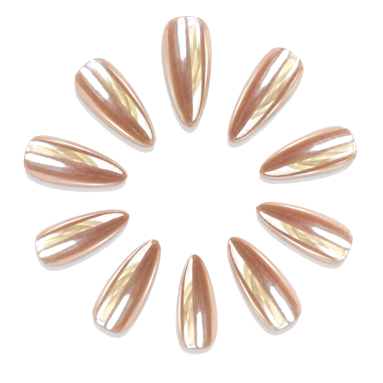 J-002-E Handmade Mirror Medium Almond Press-On Nails - White background hand close-up view - UB2 BEAUTY