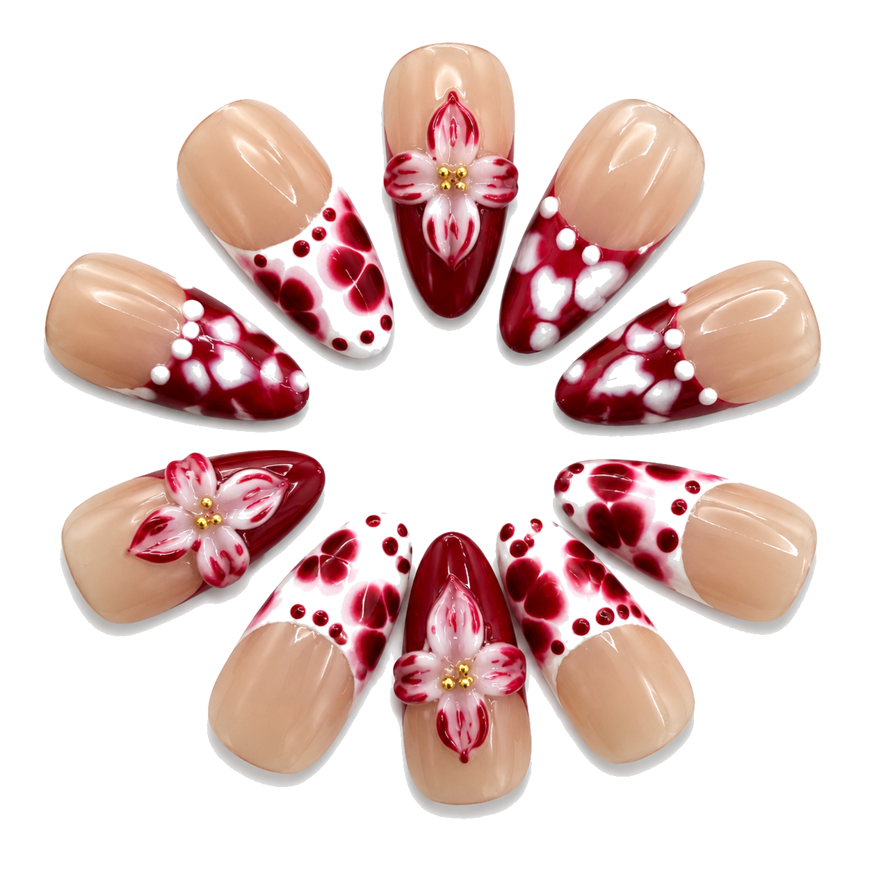 L-001-E Handmade Nude Medium Almond Press-On Nails - White background hand close-up view - UB2 BEAUTY