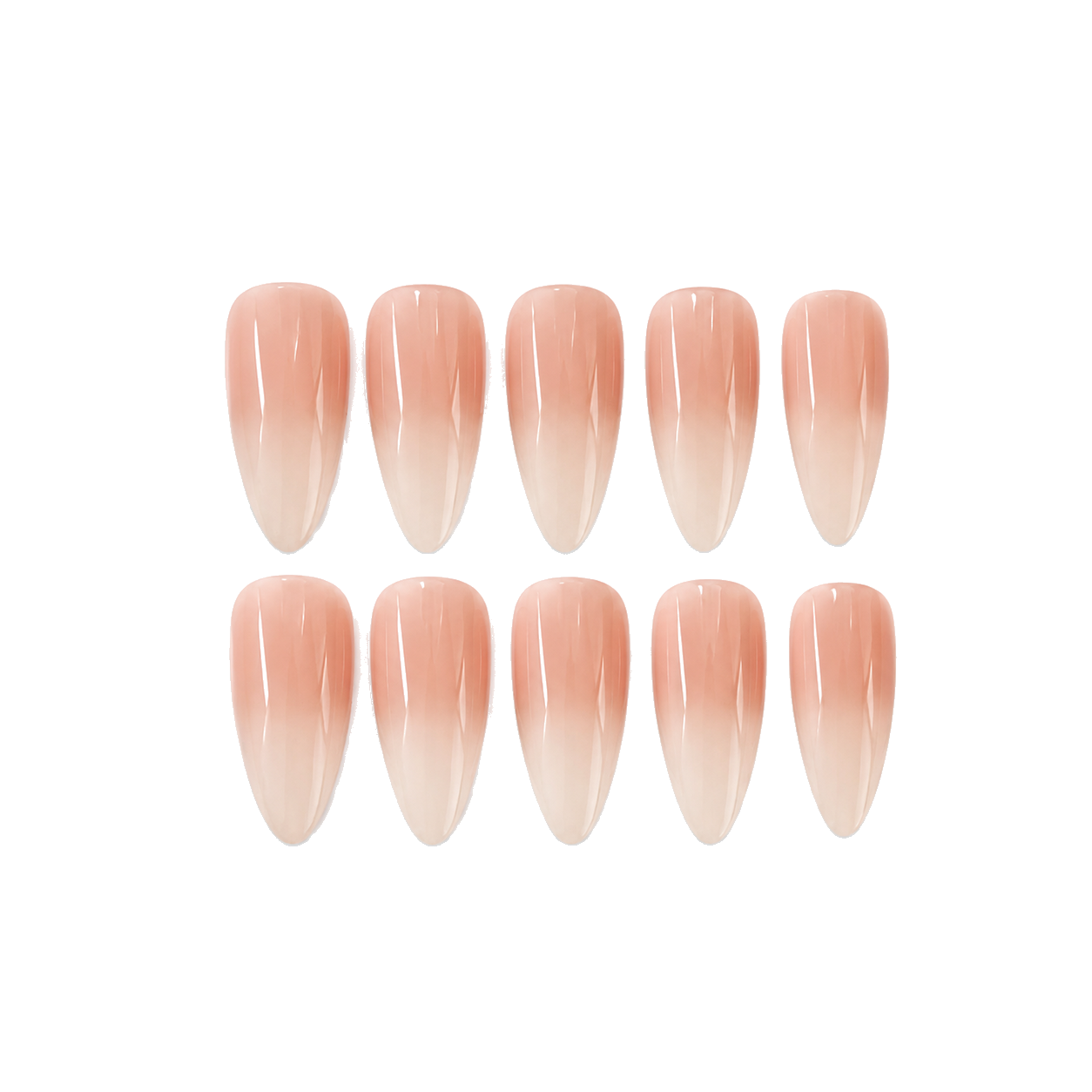 L-002-F Handmade Nude Medium Pointed Oval Press-On Nails - White background hand close-up view - UB2 BEAUTY