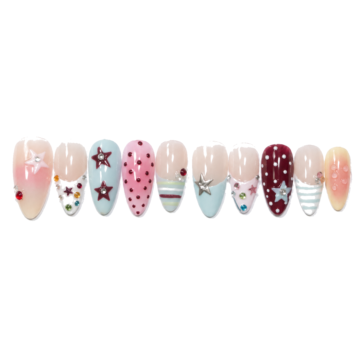 M-001-E Handmade Cat Eye Medium Almond Press-On Nails - White background 45-degree side view - UB2 BEAUTY