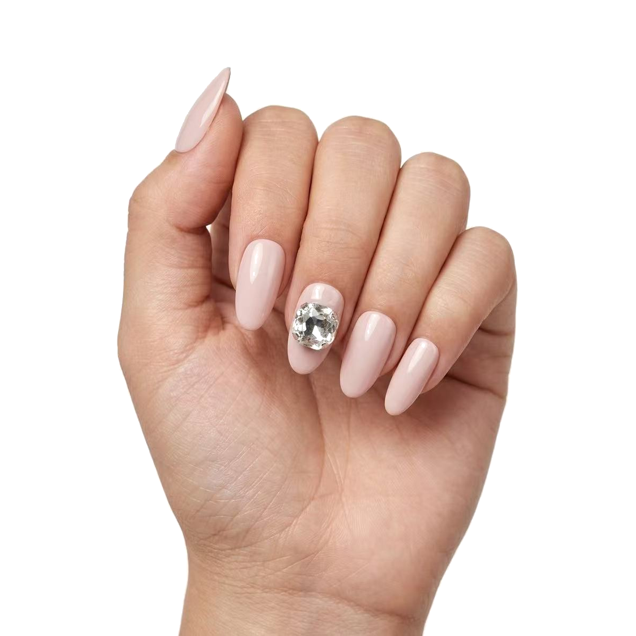M-008-F Handmade Cat Eye Medium Pointed Oval Press-On Nails - White background hand close-up view - UB2 BEAUTY