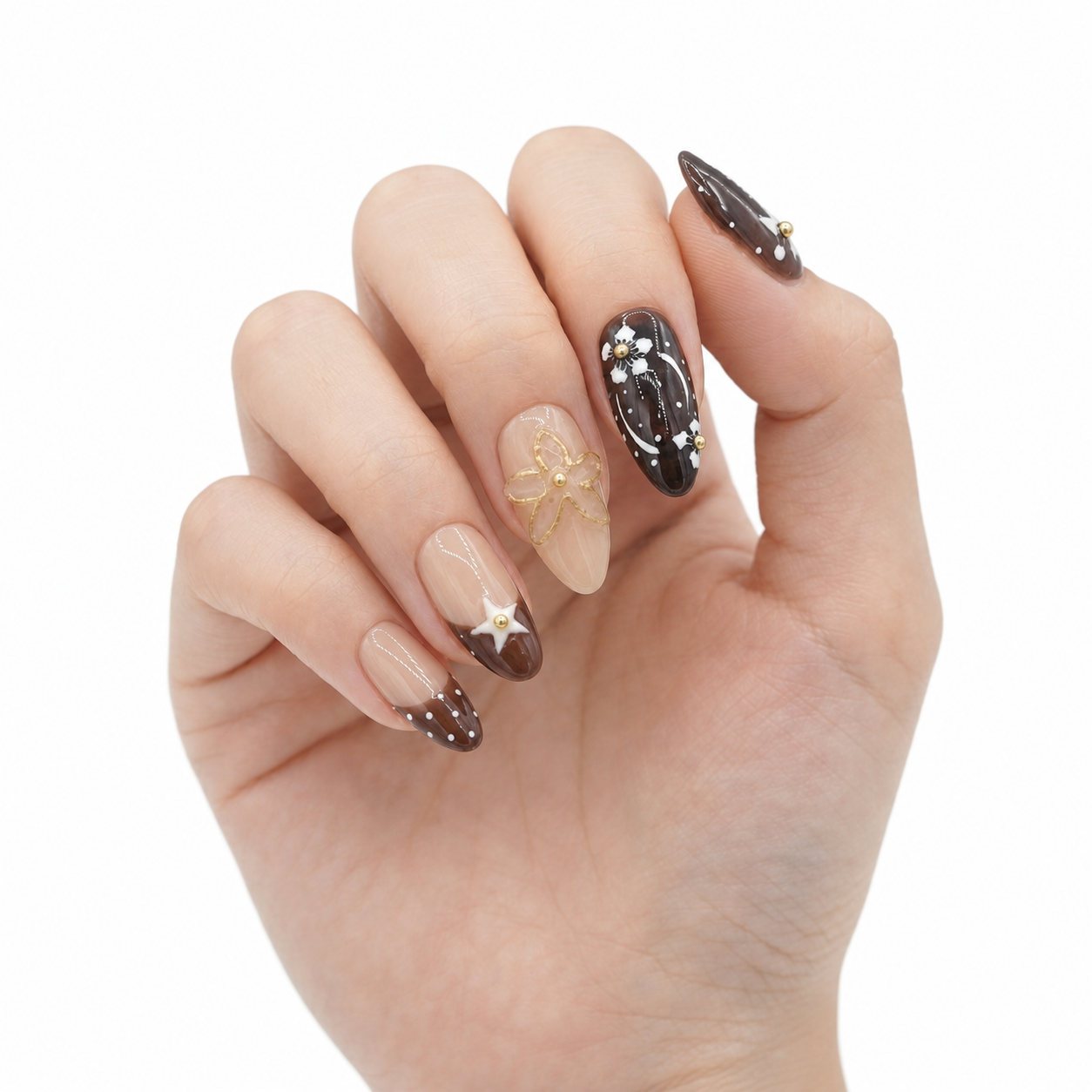 O-001-E Handmade Western Style Medium Almond Press-On Nails - White background two-hand styling view - UB2 BEAUTY