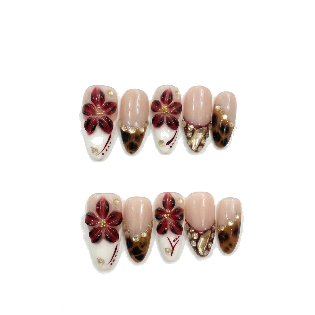 O-002-E Handmade Western Style Medium Almond Press-On Nails - White background hand close-up view - UB2 BEAUTY