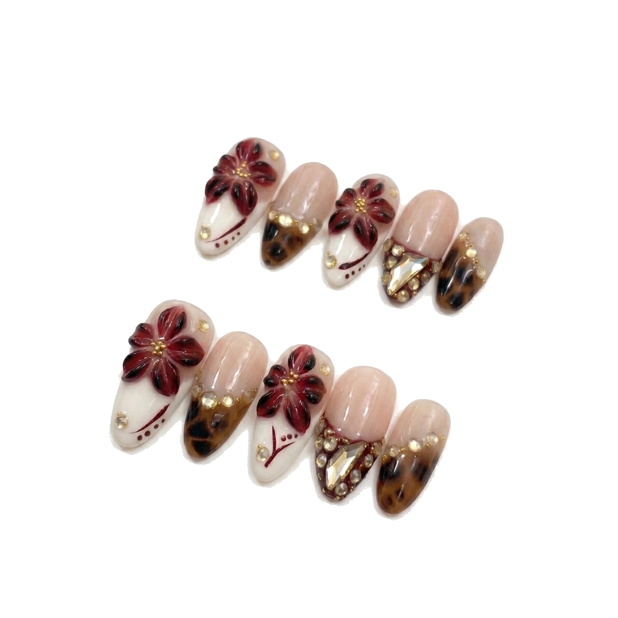 O-002-E Handmade Western Style Medium Almond Press-On Nails - White background front view - UB2 BEAUTY