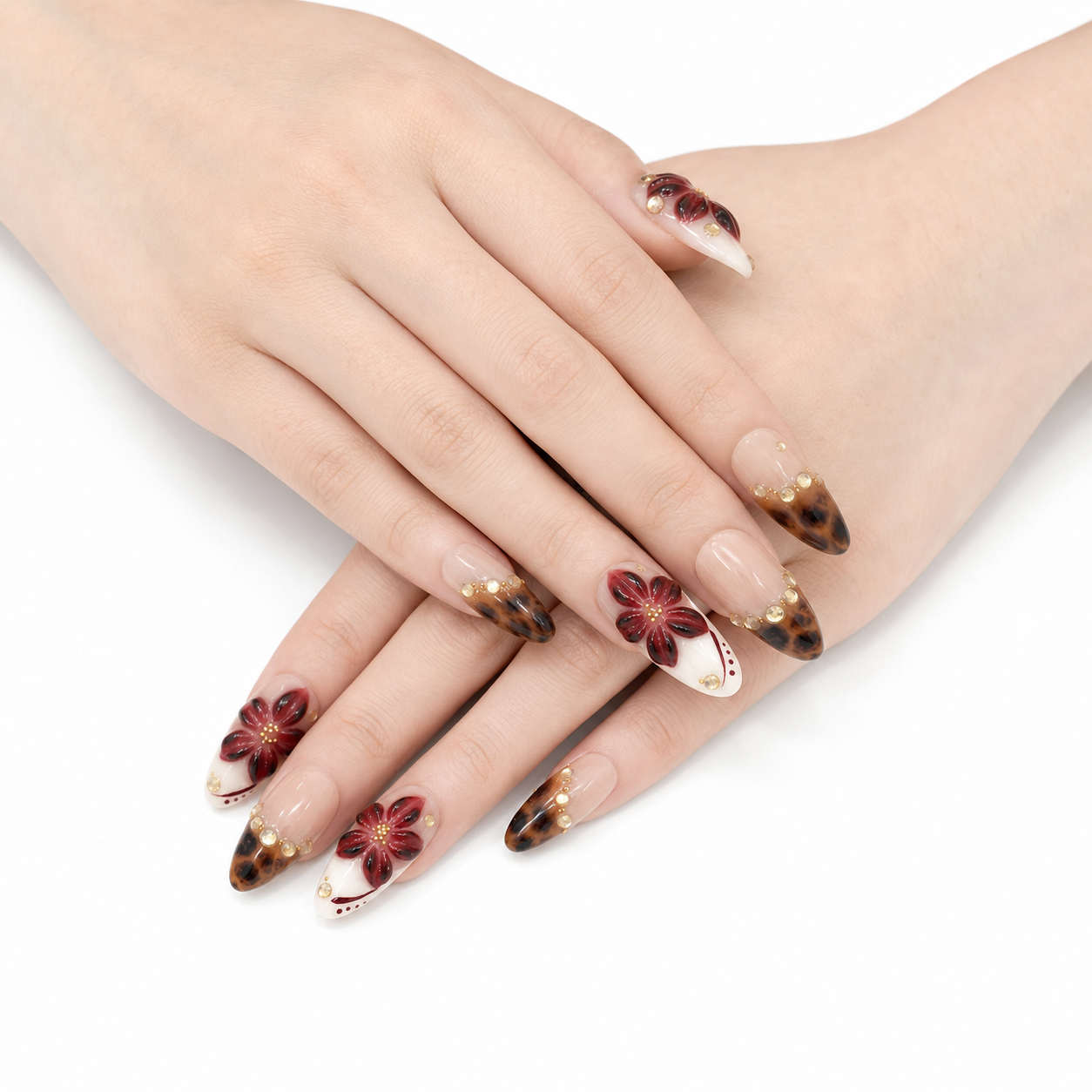 O-002-E Handmade Western Style Medium Almond Press-On Nails - White background circular layout view - UB2 BEAUTY