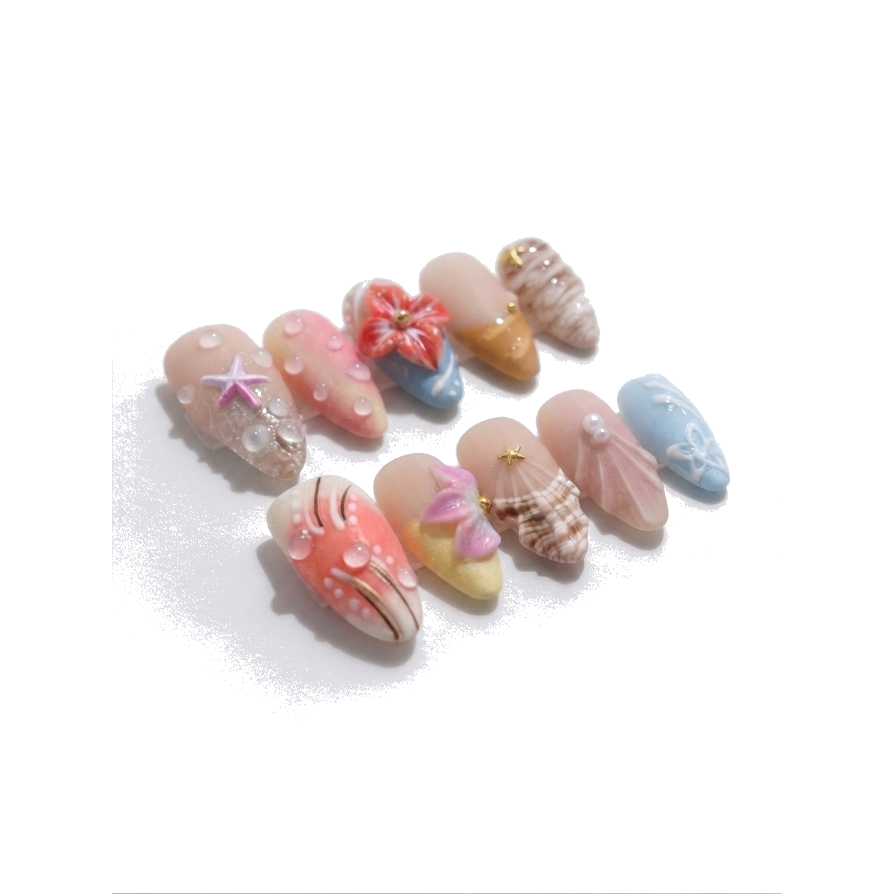 O-003-E Handmade Western Style Medium Almond Press-On Nails - White background circular layout view - UB2 BEAUTY