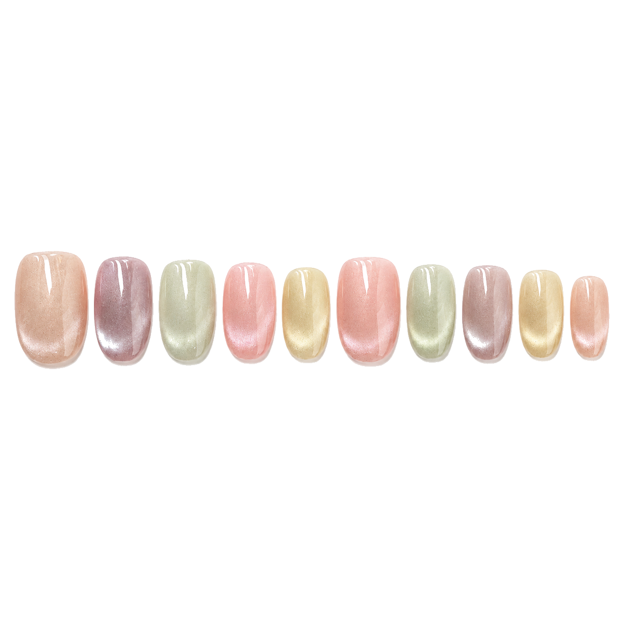 T-001-E Handmade Multi-Color Medium Almond Press-On Nails - White background circular layout view - UB2 BEAUTY